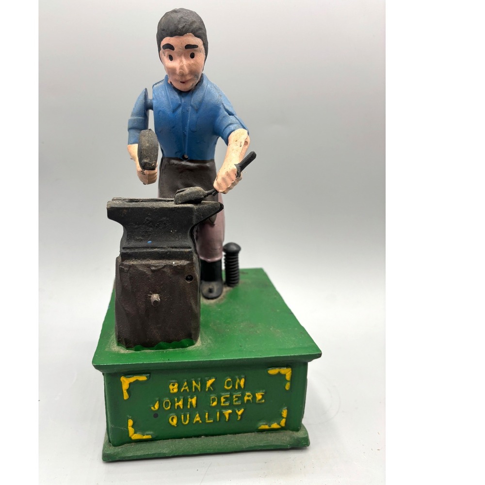 John Deere Quality Mechanical Blacksmith Cast Iron Coin Bank Vintage Style